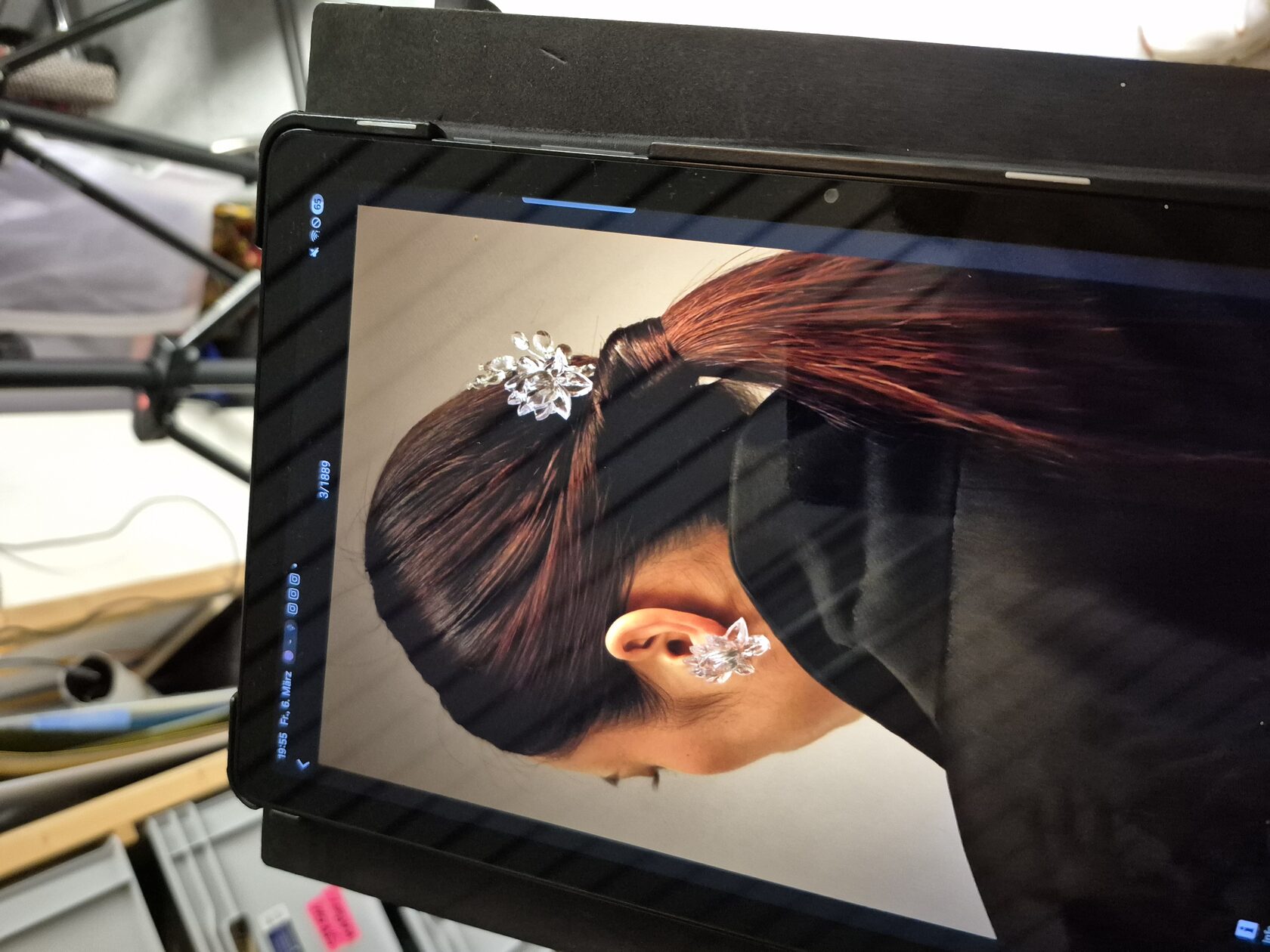 Jewelry shown on a camera monitor