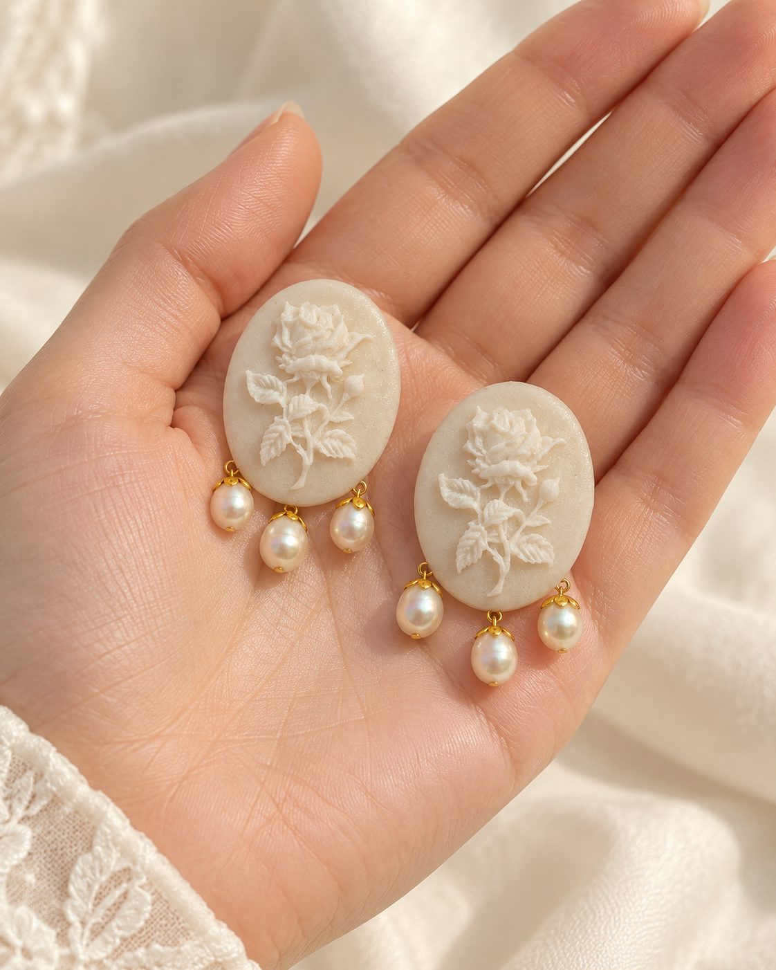 Pearl cameo earrings held in a hand
