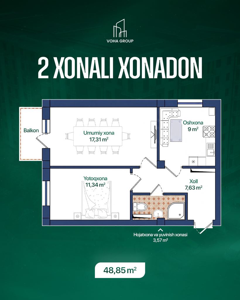 2 xonali xonadon, 48,85 m2