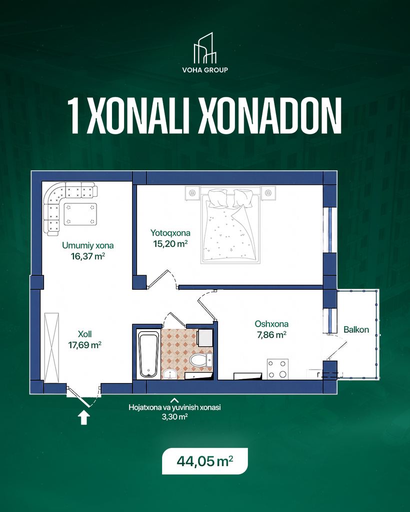 1 xonali xonadon, 44,05 m2