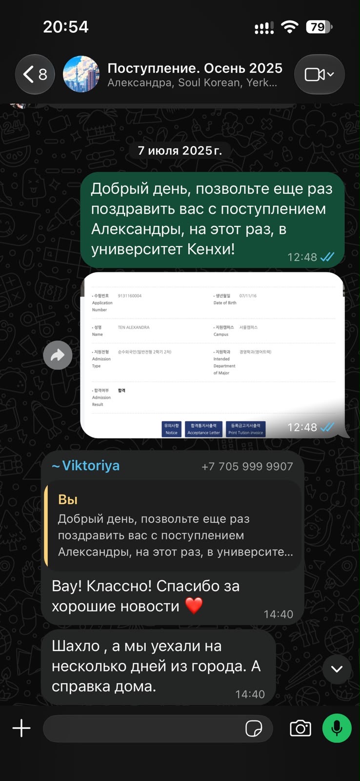 Скриншот переписки Александры