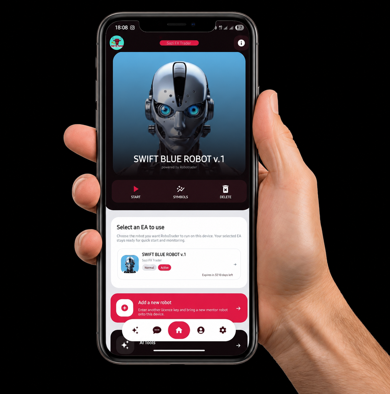 Swift Blue Robot mobile app interface on smartphone