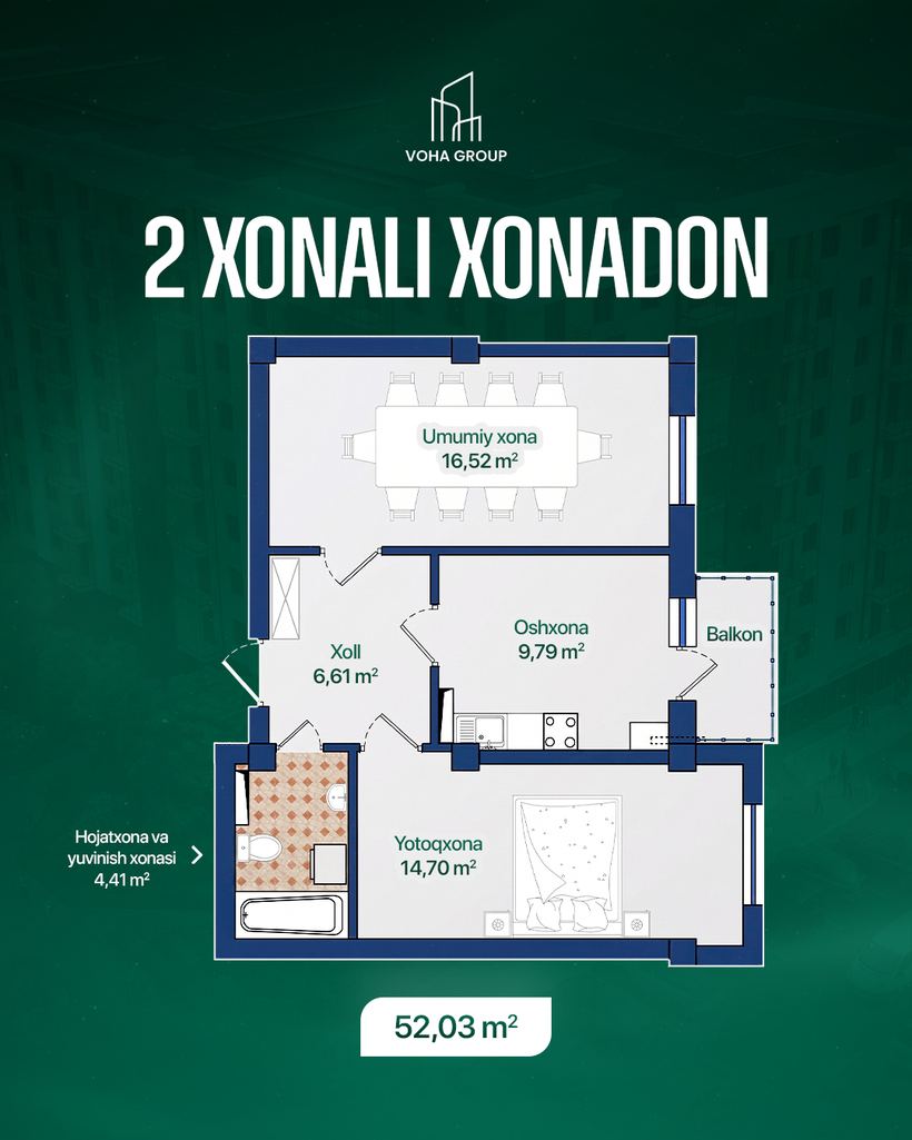 2 xonali xonadon, 52,03 m2