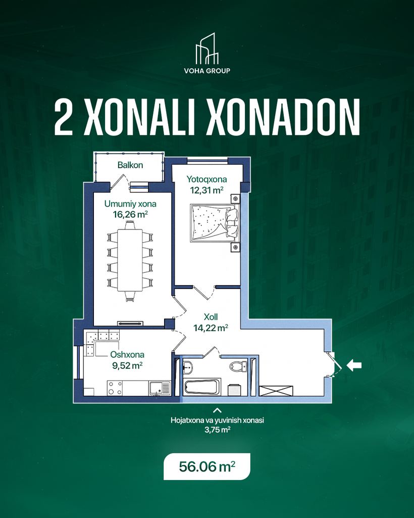 2 xonali xonadon, 56,06 m2