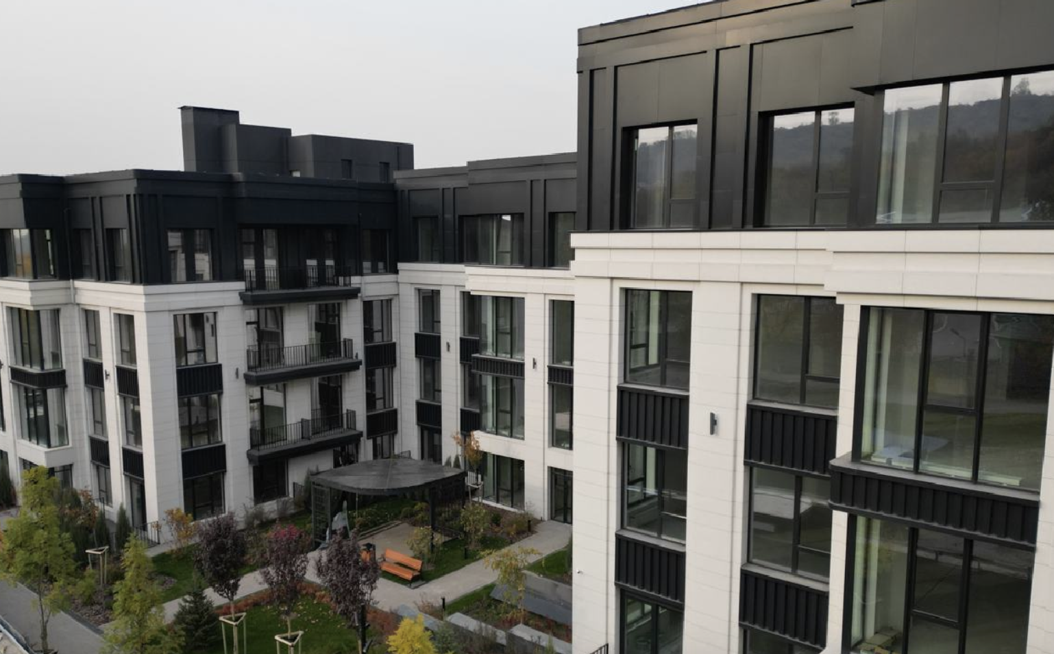 Modern luxury apartment building with courtyard
