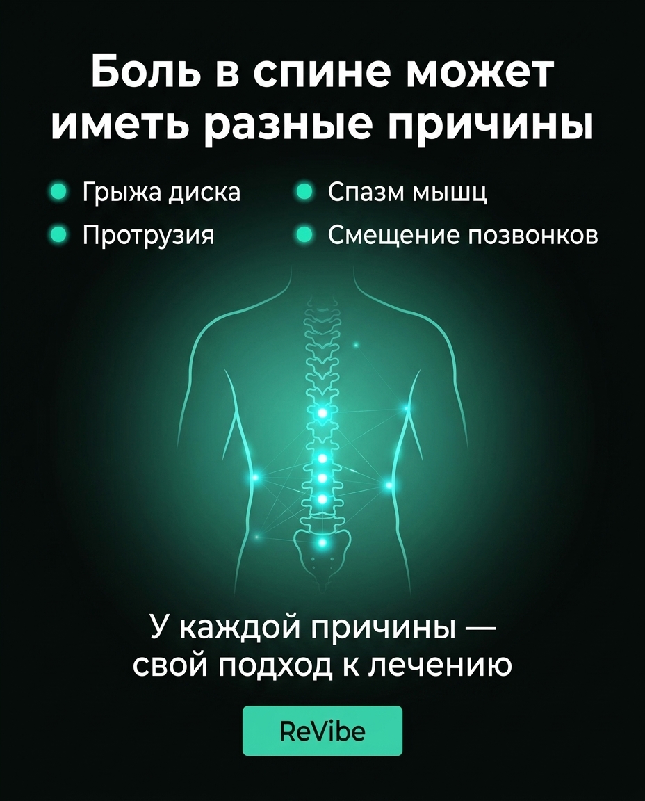 Возможные причины боли в спине: грыжа диска, протрузия, спазм мышц, смещение позвонков